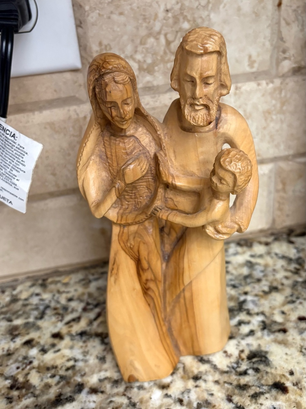 Hand-Carved Olive Wood Holy Family Statue - Natural Brown